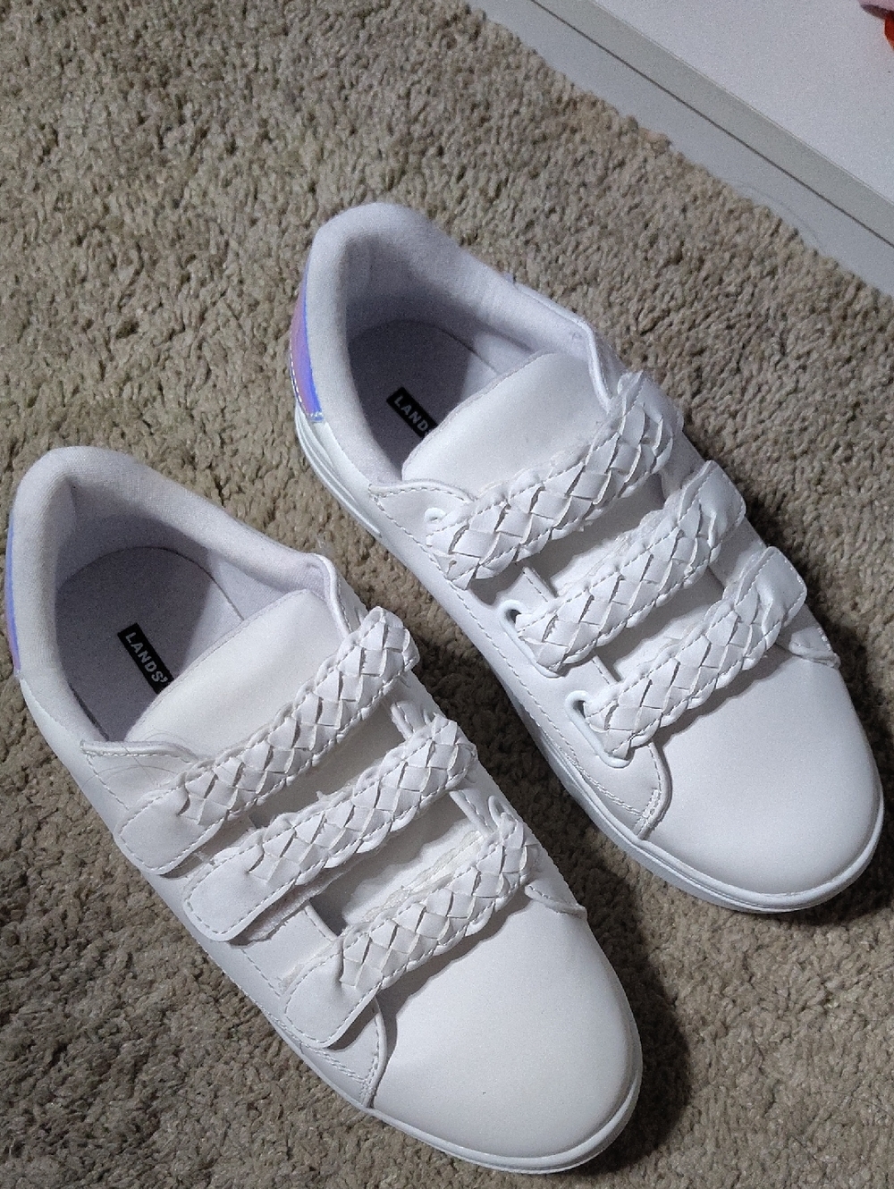 Kids Nwot Lands End White Braided-Strap Sneakers with Irridecent Accent,$65